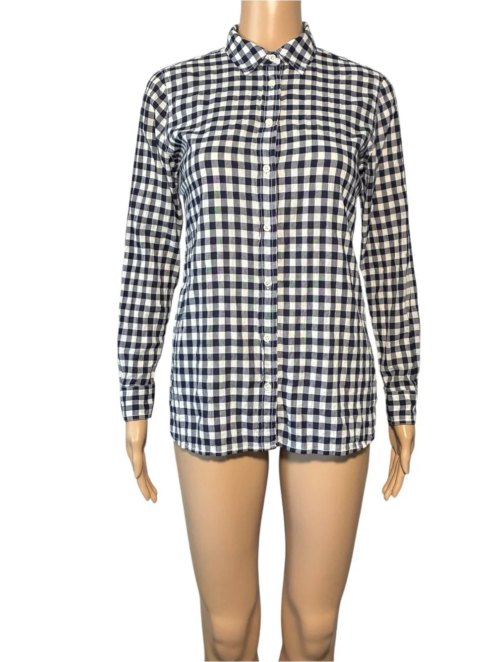 J.Crew Women's 0P Petite Boy Shirt Blue White Gingham Button Down Cotton Blend